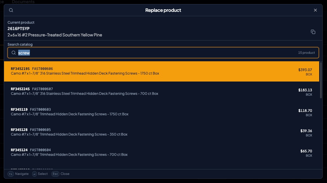 Searching a product catalog inside Quotery to replace a line item